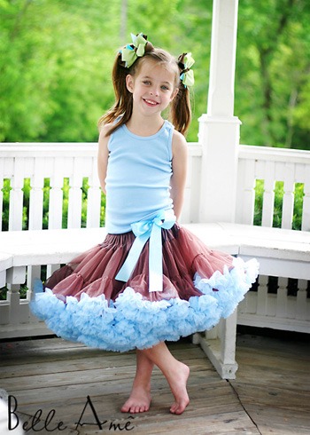 Пышная юбка коричневая с оборками голубого цвета