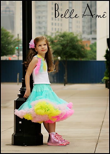 Пышная юбка бирюзовая с оборками розового и жёлтого цвета