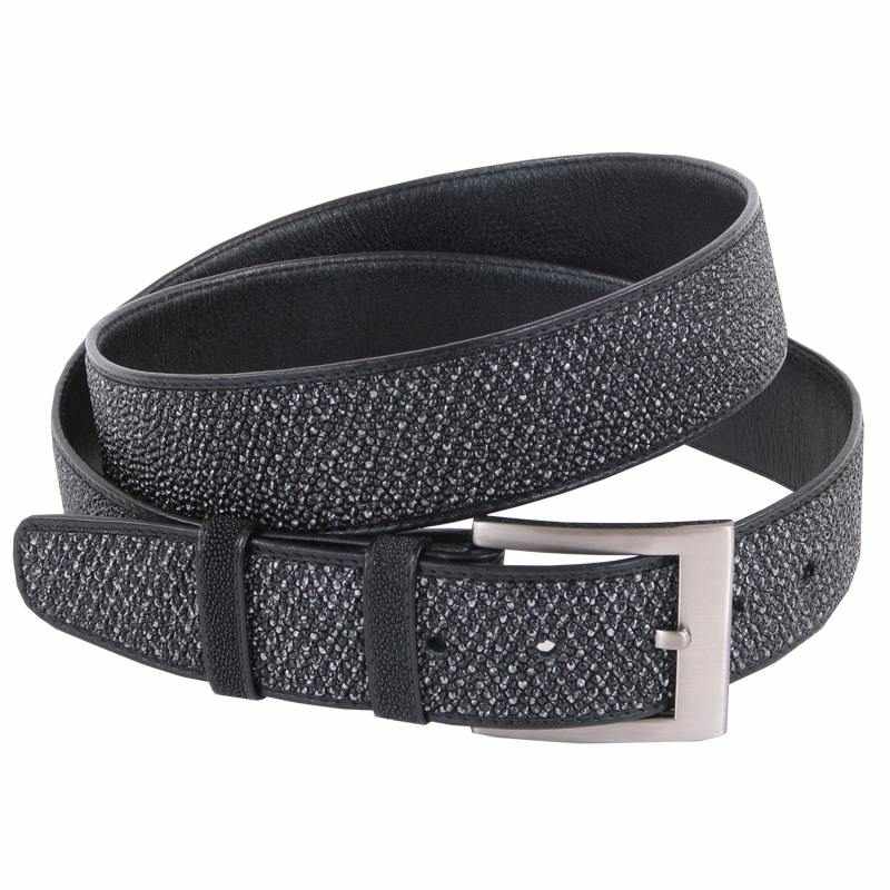 Джинсовый ремень из кожи ската черно-серый