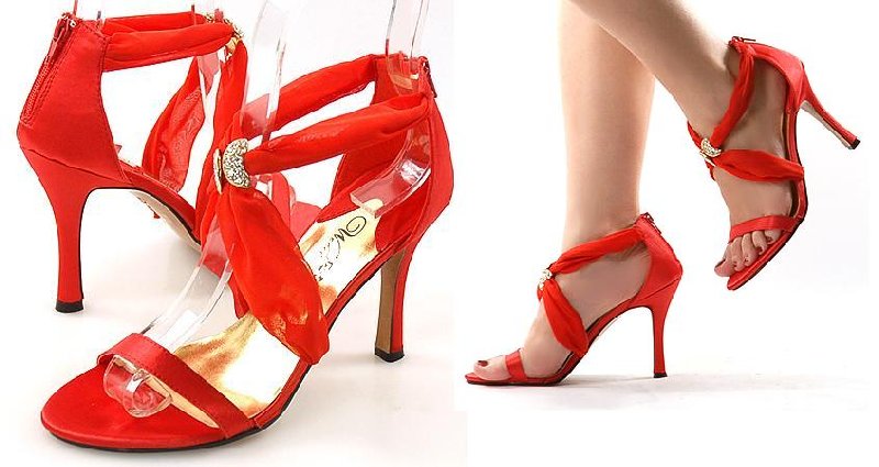 Босоножки красные на каблуке с красивым переплетением лентами