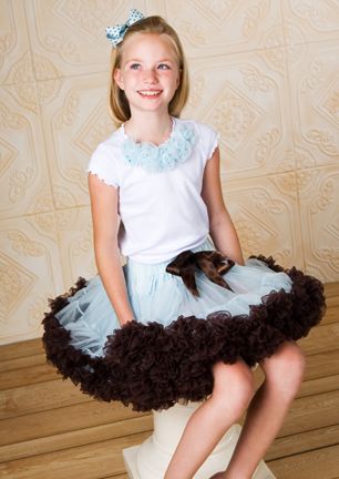 Пышная юбка голубая с коричневыми кружевами