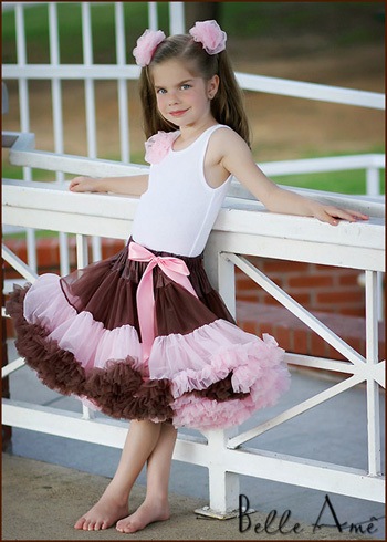 Пышная юбка коричневая с розовыми оборками и полосками