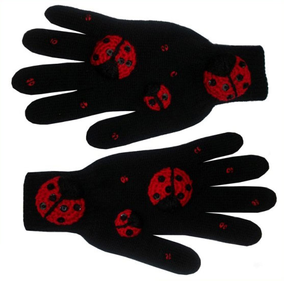 Черные перчатки с божьими коровками